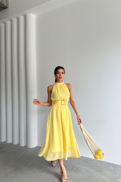Halter Yaka Astarlı Kemerli Elbise - Sarı - 3