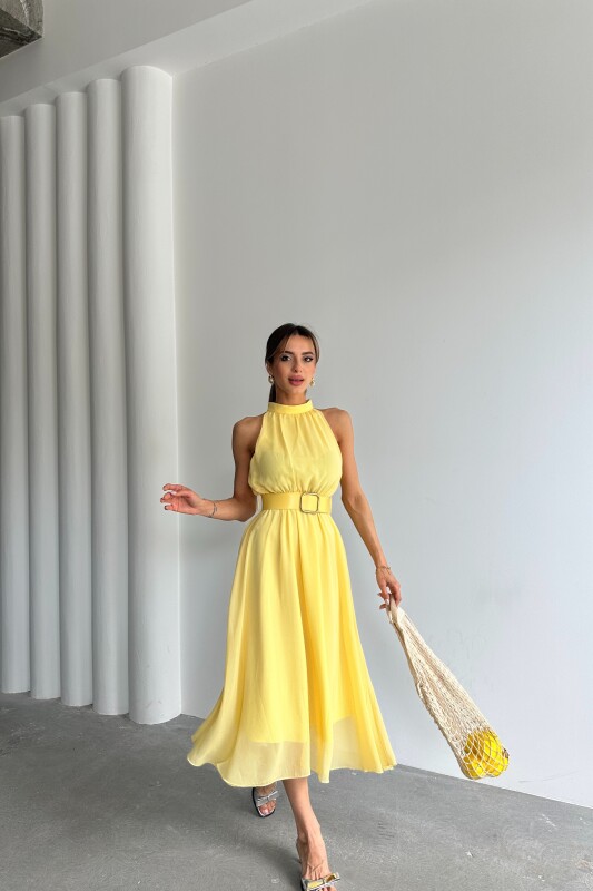 Halter Yaka Astarlı Kemerli Elbise - Sarı - 3