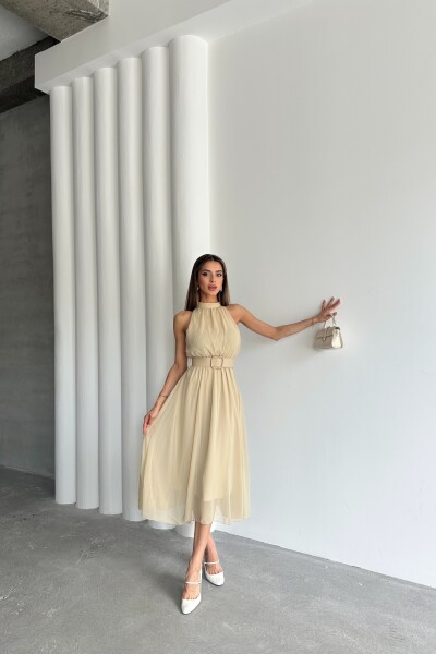 Halter Yaka Astarlı Kemerli Elbise - Yağ Yeşil - MAT Collection