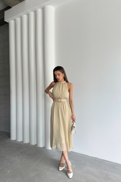 Halter Yaka Astarlı Kemerli Elbise - Yağ Yeşil - 2