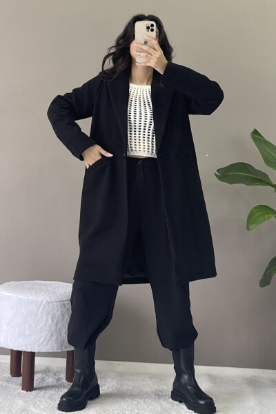 İçi Astarlı Tek Düğmeli Cepli Kaşe Kaban - Siyah - MAT Collection