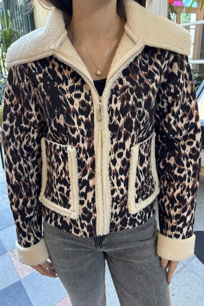 İçi Kürklü Leopar Desenli Mont - Kahverengi - 3