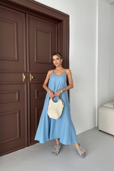 İp Askılı Salaş Keten Uzun Elbise - Bebe Mavi - MAT Collection