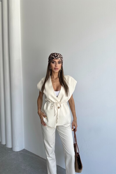 İp Bağlamalı Astarlı Keten Yelek - Krem - MAT Collection