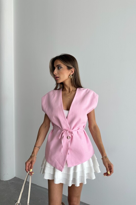 İp Bağlamalı Astarlı Keten Yelek - Pembe - 2