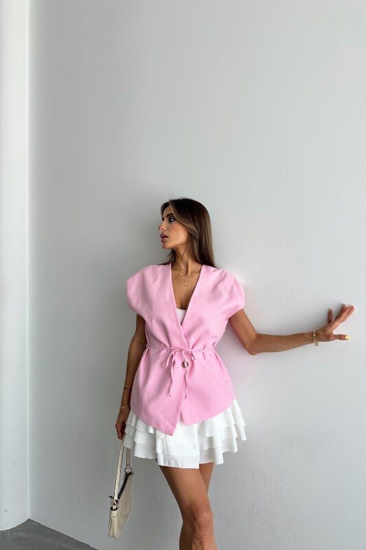 İp Bağlamalı Astarlı Keten Yelek - Pembe - 3