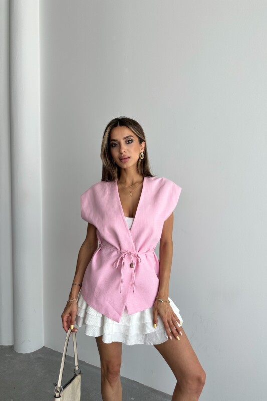 İp Bağlamalı Astarlı Keten Yelek - Pembe - 4