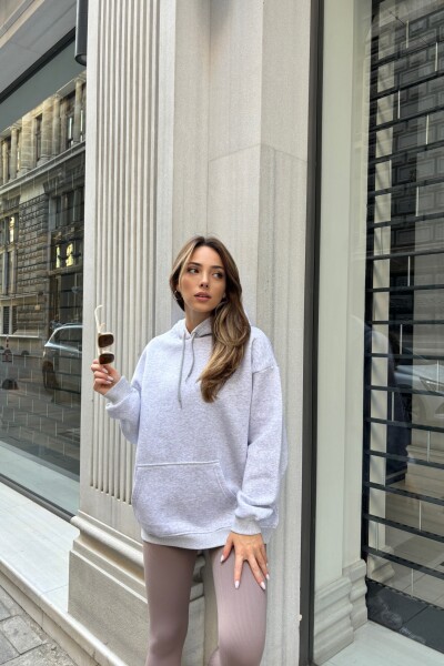 Kanguru Cepli 3 İplik Şardonlu Basic Sweatshirt - Gri - MAT Collection