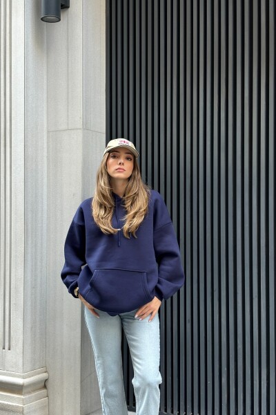 Kanguru Cepli 3 İplik Şardonlu Basic Sweatshirt - Lacivert - MAT Collection