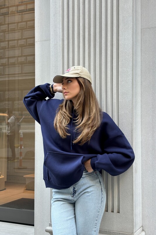 Kanguru Cepli 3 İplik Şardonlu Basic Sweatshirt - Lacivert - 2