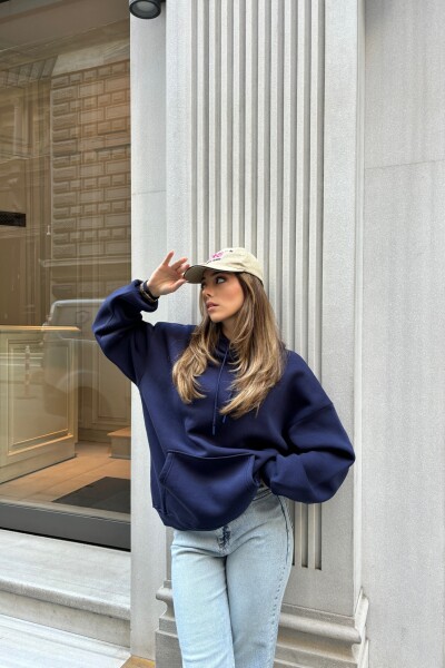 Kanguru Cepli 3 İplik Şardonlu Basic Sweatshirt - Lacivert - 3