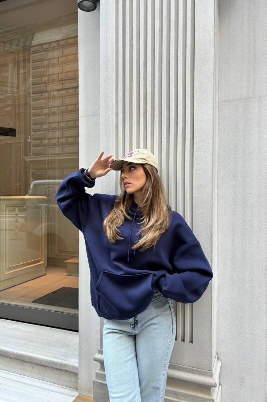 Kanguru Cepli 3 İplik Şardonlu Basic Sweatshirt - Lacivert - 3