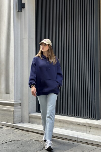 Kanguru Cepli 3 İplik Şardonlu Basic Sweatshirt - Lacivert - 4