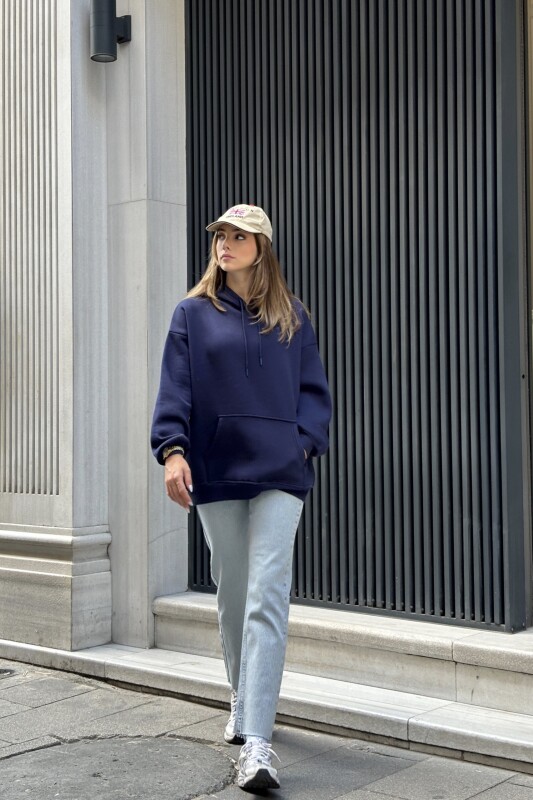 Kanguru Cepli 3 İplik Şardonlu Basic Sweatshirt - Lacivert - 4