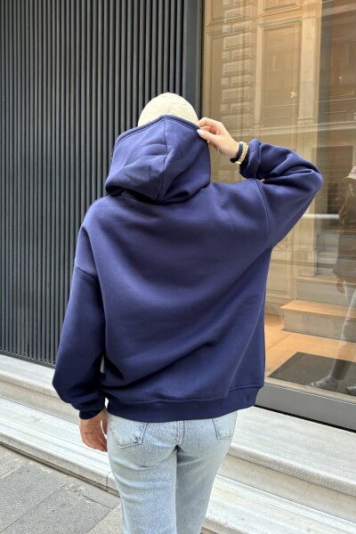 Kanguru Cepli 3 İplik Şardonlu Basic Sweatshirt - Lacivert - 5