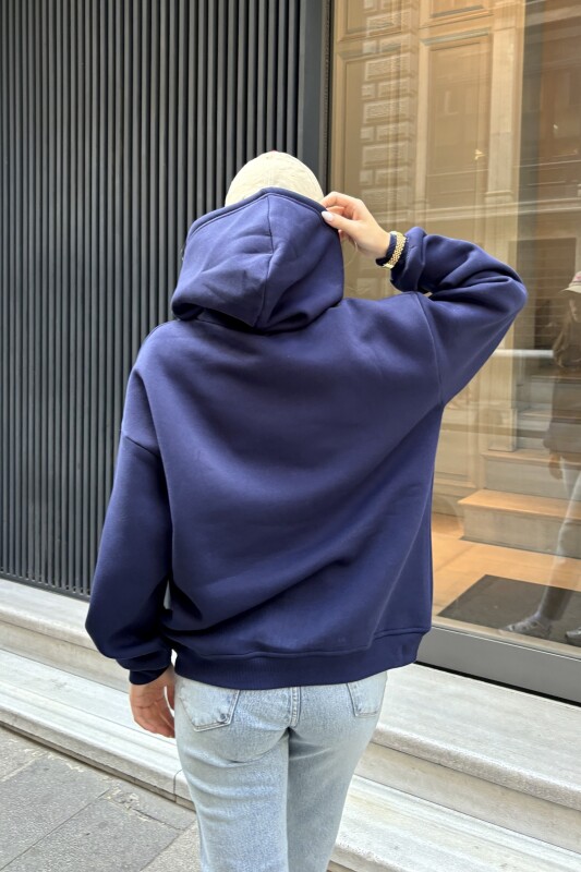 Kanguru Cepli 3 İplik Şardonlu Basic Sweatshirt - Lacivert - 5