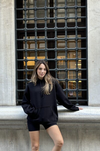 Kanguru Cepli 3 İplik Şardonlu Basic Sweatshirt - Siyah - MAT Collection