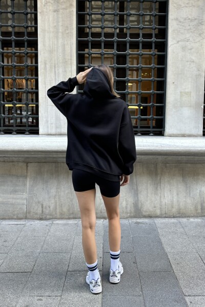Kanguru Cepli 3 İplik Şardonlu Basic Sweatshirt - Siyah - 5