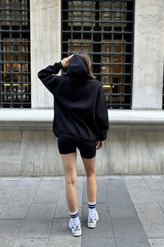 Kanguru Cepli 3 İplik Şardonlu Basic Sweatshirt - Siyah - 5