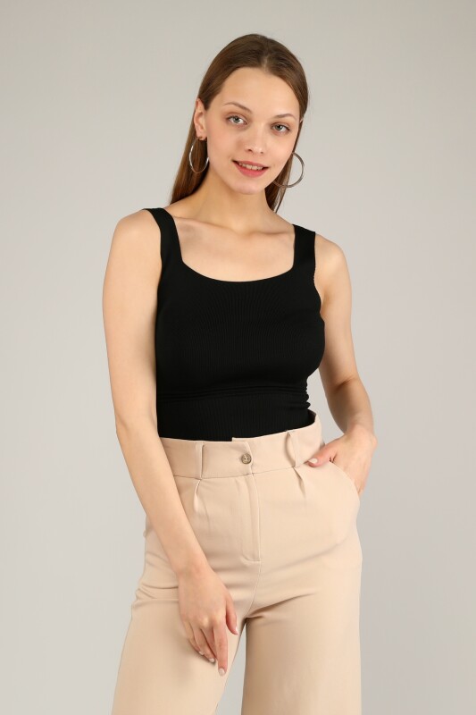 Kare Yaka Triko Bluz - Siyah - 2