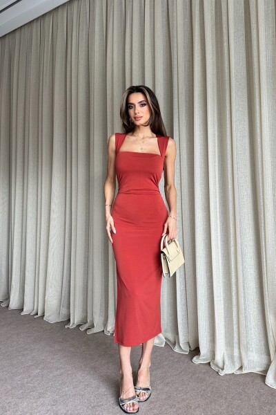 Kare Yaka Yanı Büzgülü Yırtmaçlı Elbise - Kiremit - 2