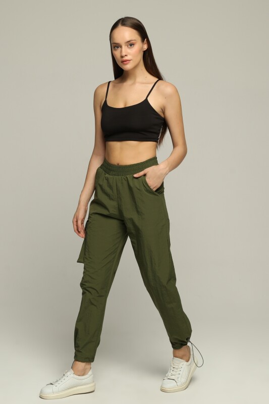 Kargo Cepli Paçası Büzmeli Paraşüt Pantolon - Haki - 3