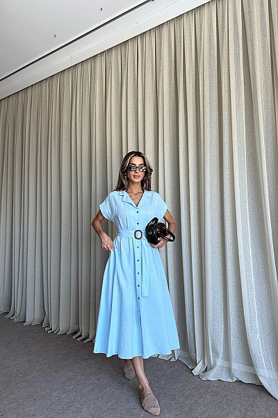Kemer Detaylı Düğmeli Elbise - Bebe Mavi - MAT Collection
