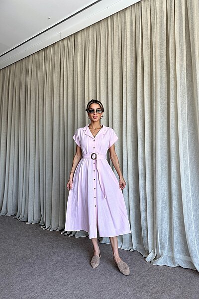 Kemer Detaylı Düğmeli Elbise - Pembe - MAT Collection