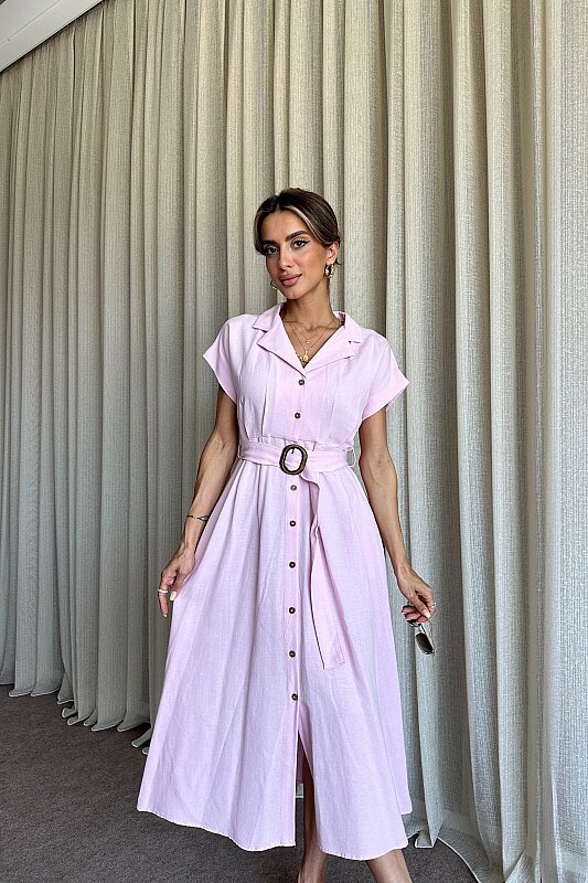 Kemer Detaylı Düğmeli Elbise - Pembe - 4