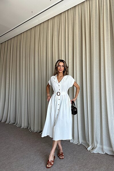 Kemer Detaylı Düğmeli Elbise - Sarı - MAT Collection