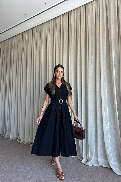 Kemer Detaylı Düğmeli Elbise - Siyah - MAT Collection