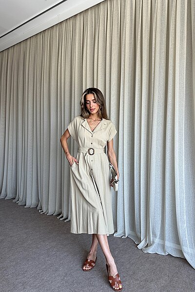 Kemer Detaylı Düğmeli Elbise - Vizon - MAT Collection