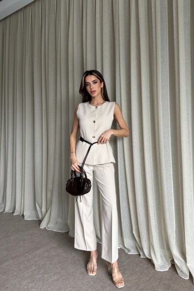 Kemer Detaylı Yelek Pantolon İkili Takım - Bej - MAT Collection