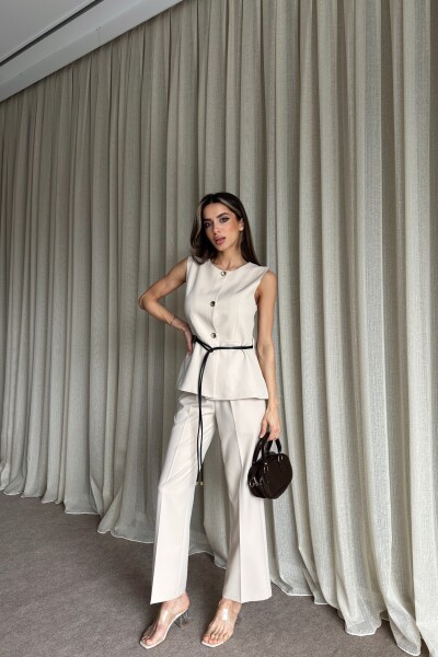 Kemer Detaylı Yelek Pantolon İkili Takım - Bej - 2