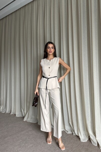 Kemer Detaylı Yelek Pantolon İkili Takım - Bej - 3