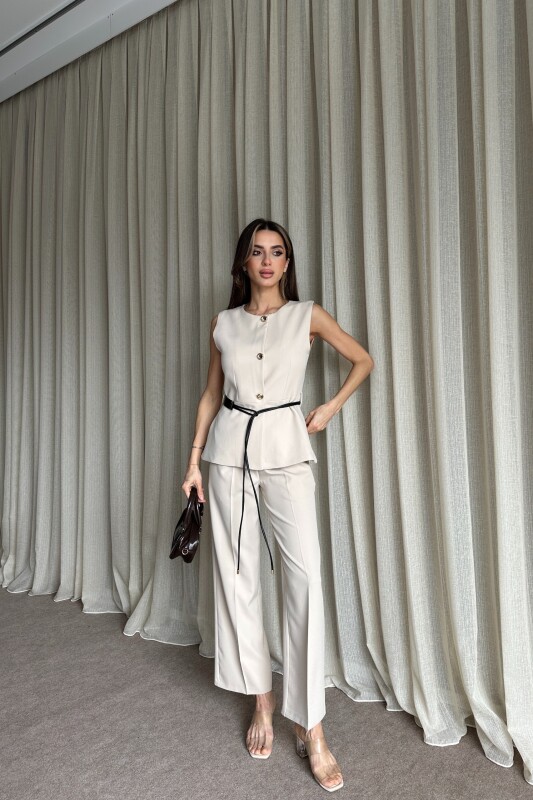 Kemer Detaylı Yelek Pantolon İkili Takım - Bej - 3