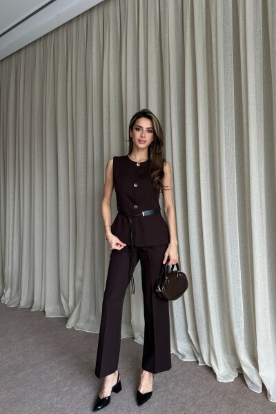 Kemer Detaylı Yelek Pantolon İkili Takım - Kahve - MAT Collection