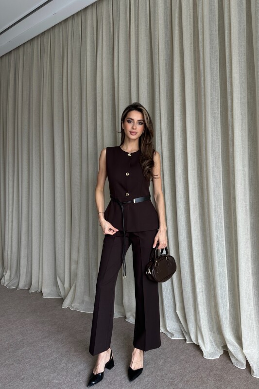 Kemer Detaylı Yelek Pantolon İkili Takım - Kahve - 1