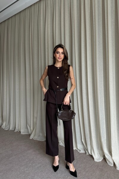 Kemer Detaylı Yelek Pantolon İkili Takım - Kahve - 2