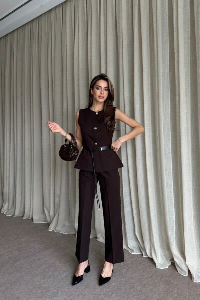Kemer Detaylı Yelek Pantolon İkili Takım - Kahve - 3