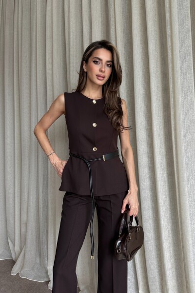 Kemer Detaylı Yelek Pantolon İkili Takım - Kahve - 4
