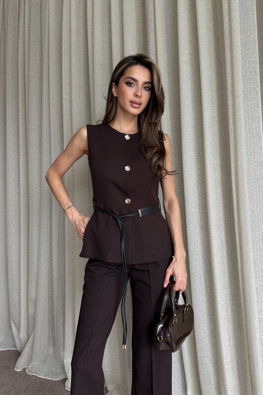 Kemer Detaylı Yelek Pantolon İkili Takım - Kahve - 4