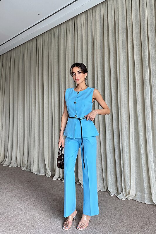 Kemer Detaylı Yelek Pantolon İkili Takım - Mavi - 1