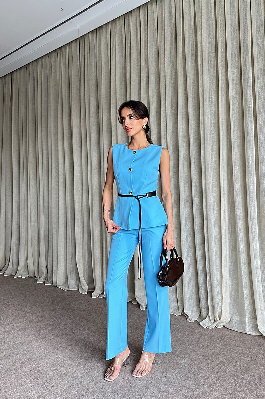 Kemer Detaylı Yelek Pantolon İkili Takım - Mavi - 3