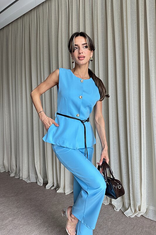 Kemer Detaylı Yelek Pantolon İkili Takım - Mavi - 4