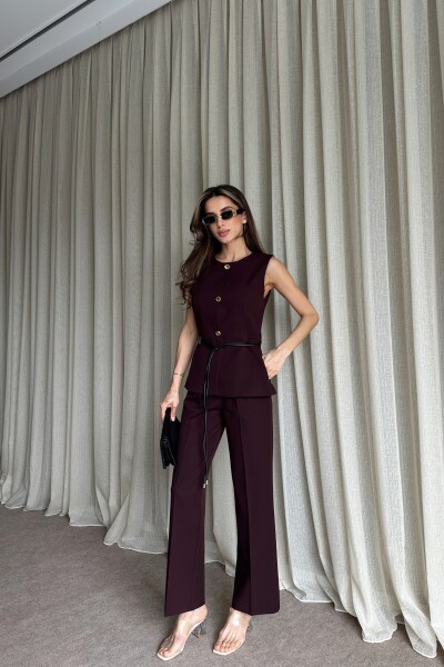 Kemer Detaylı Yelek Pantolon İkili Takım - Mürdüm - MAT Collection