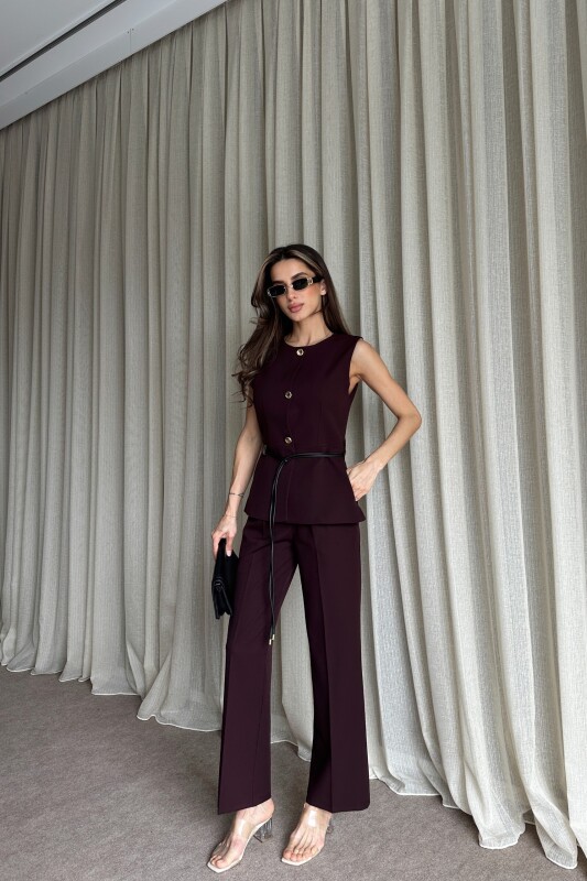 Kemer Detaylı Yelek Pantolon İkili Takım - Mürdüm - 1