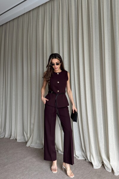 Kemer Detaylı Yelek Pantolon İkili Takım - Mürdüm - 2