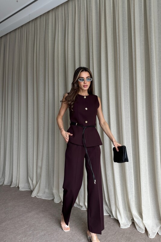 Kemer Detaylı Yelek Pantolon İkili Takım - Mürdüm - 3