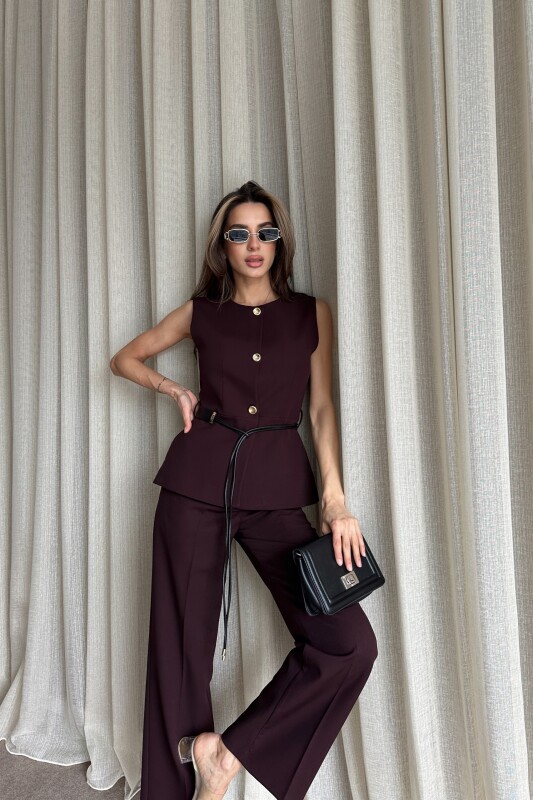 Kemer Detaylı Yelek Pantolon İkili Takım - Mürdüm - 4
